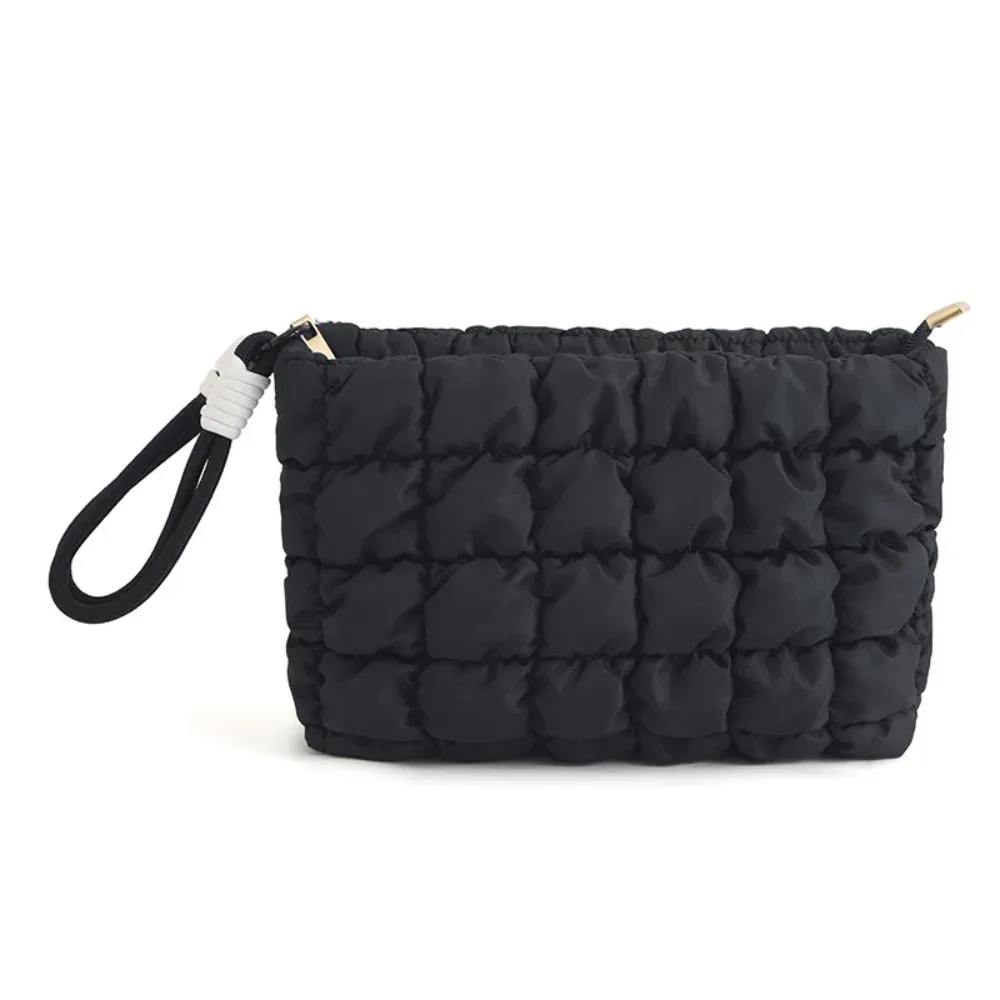 sac de maquillage matelassé bouffant mignon, sac à cosmétiques pour femmes et filles, pochette de toilette de voyage bouffante, sac à fermeture éclair à carreaux, sac de rangement de maquillage