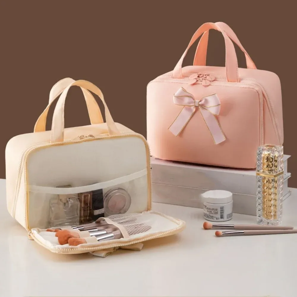 Sac de rangement pour cosmétiques Bow, couleur unie, grande capacité, pochette de rangement pour articles de toilette avec poignée, sac à main de voyage multifonctionnel pour maquillage