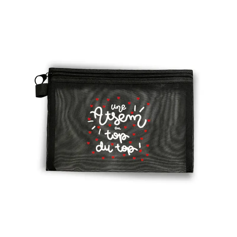 sac cosmétique en maille noire imprimé merci atsem, pochette de maquillage imperméable à fermeture éclair, cadeau de remerciement pour assistant d'enseignant préscolaire