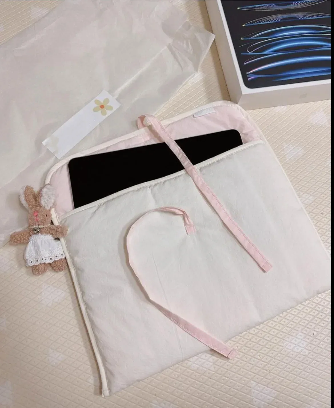 sac d'ordinateur à nœud coréen y2k pour femmes, noir, rose, sac de rangement pour tablettes, sac à main de voyage doux, poudres de stockage de cosmétiques