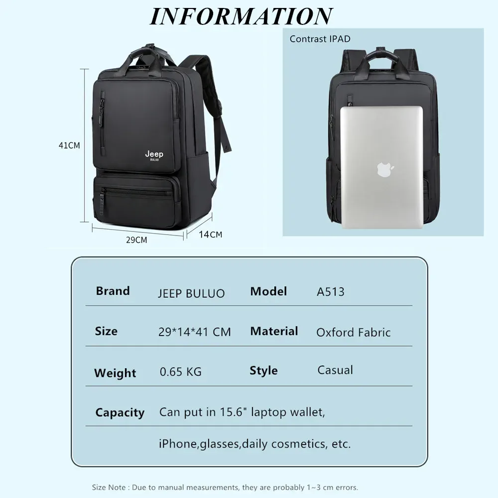 jeep buluo sac à dos pour ordinateur portable de grande capacité pour homme, sac à dos de voyage d'affaires étanche, multi-poches, sac pour ordinateur de 14 pouces pour le travail