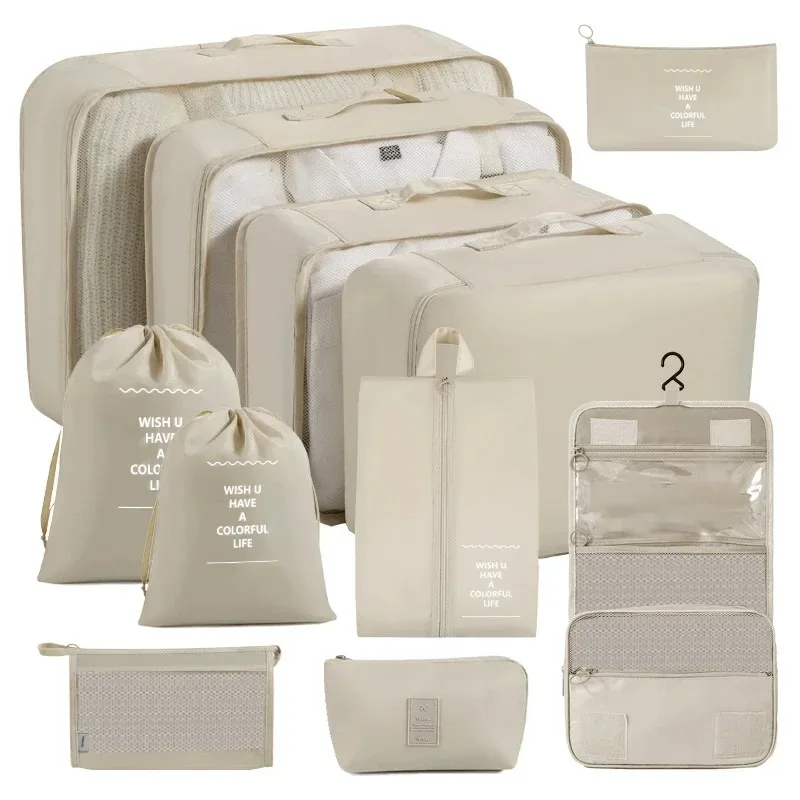 organisateur voyage polyester beige compartiments zippés poches intérieures cube sac compression chaussures pochettes housse vêtements