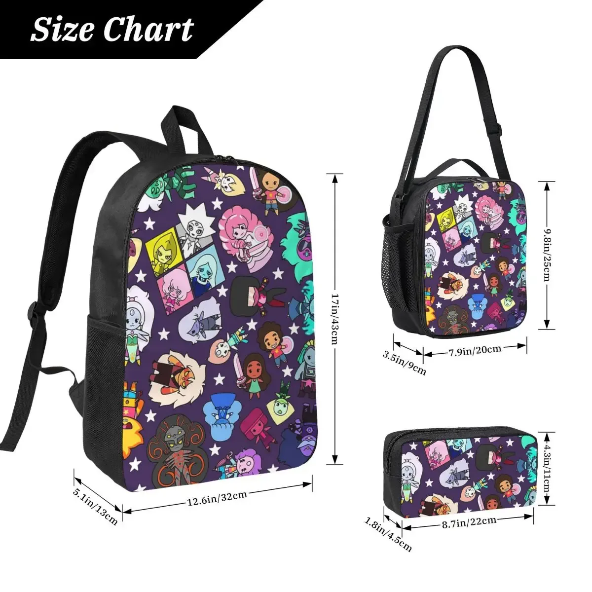 Sac à dos Crystal Gems Steven Universe pour garçons et filles, sac d'école, sacs à bandoulière pour ordinateur, sac à déjeuner isotherme 3ps, trousse à crayons