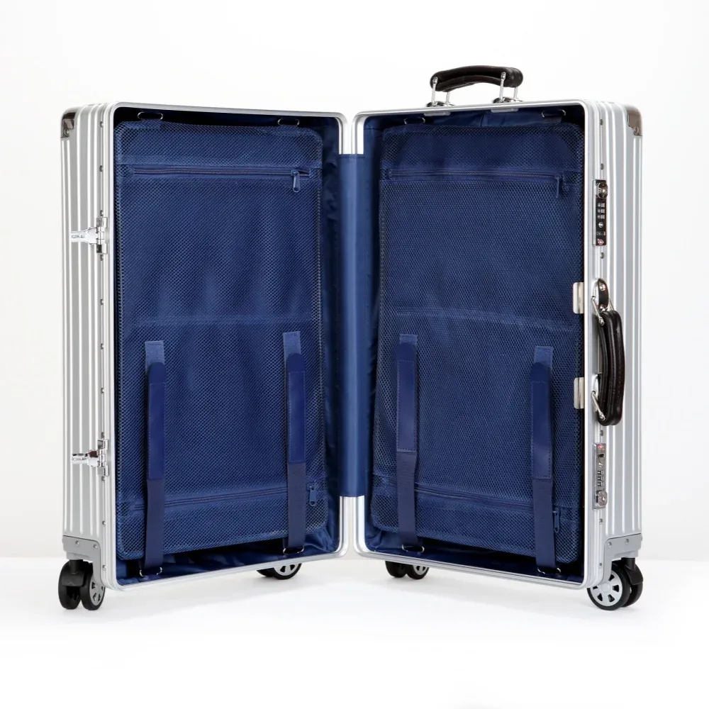 valise vintage en alliage d'aluminium-magnésium de qualité supérieure, bagage à roulettes de voyage léger de 20/24/26/29 pouces avec poignée en cuir