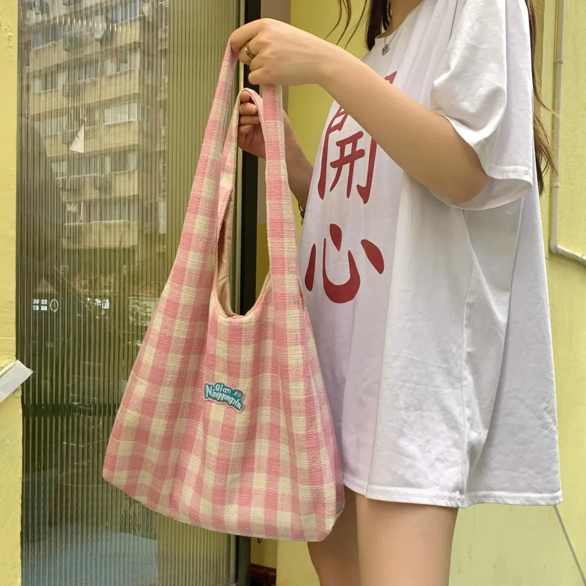 style paresseux, sac fourre-tout polyvalent à carreaux, sac à main à une épaule pour fille artistique pour classe, sac de shopping pour sortir