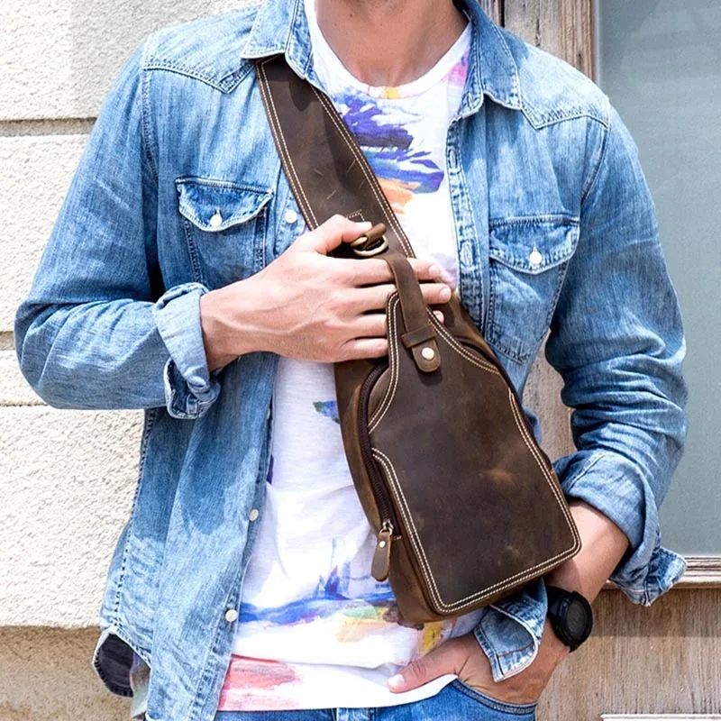 sac à dos en cuir de cheval fou pour hommes, petit sac de poitrine décontracté, sac de voyage vintage en cuir de vache, sac à bandoulière en cuir de vache