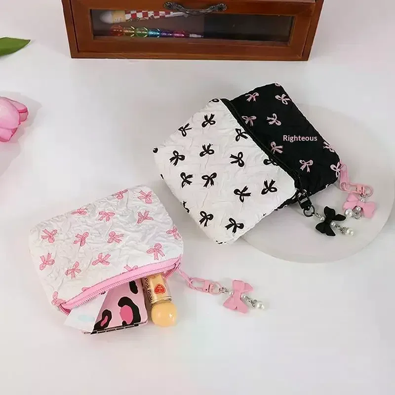 trousse de maquillage en tissu avec nœud mignon, pochette cosmétique pour femme, organiseur de voyage portable pour rouge à lèvres et écouteurs, petite pochette de rangement