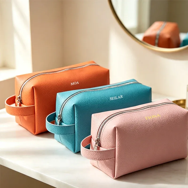 trousse de toilette de voyage portable en cuir pu, grande capacité, avec fermeture éclair, logo personnalisé, gravure de nom, vente en gros, luxe