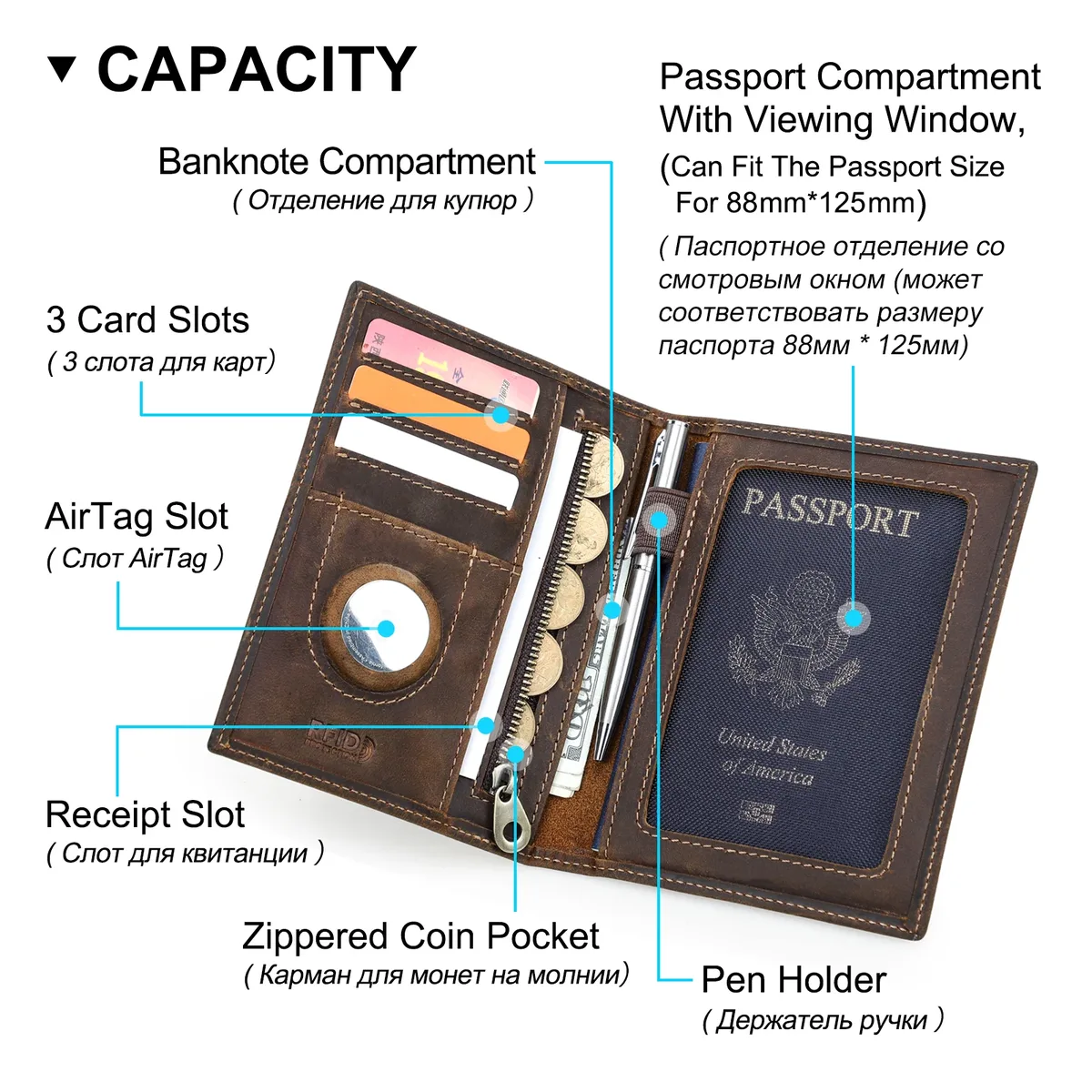 porte-passeport en cuir de vache véritable, portefeuille de voyage avec étui airtag, porte-stylo de poche anti-perte, couverture de passeport bloquant rfid