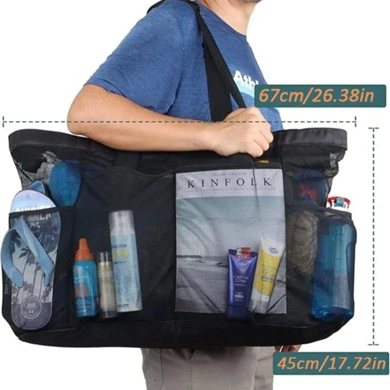 sac de plage extra large en maille avec fermeture éclair et poche, idéal pour les croisières en famille ou les vacances à la plage | sac de rangement pour articles de voyage