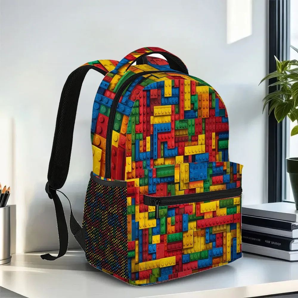 sac à dos à blocs colorés, tissu léger et durable avec fermeture à glissière, imprimé animé tendance pour le travail scolaire et le week-end