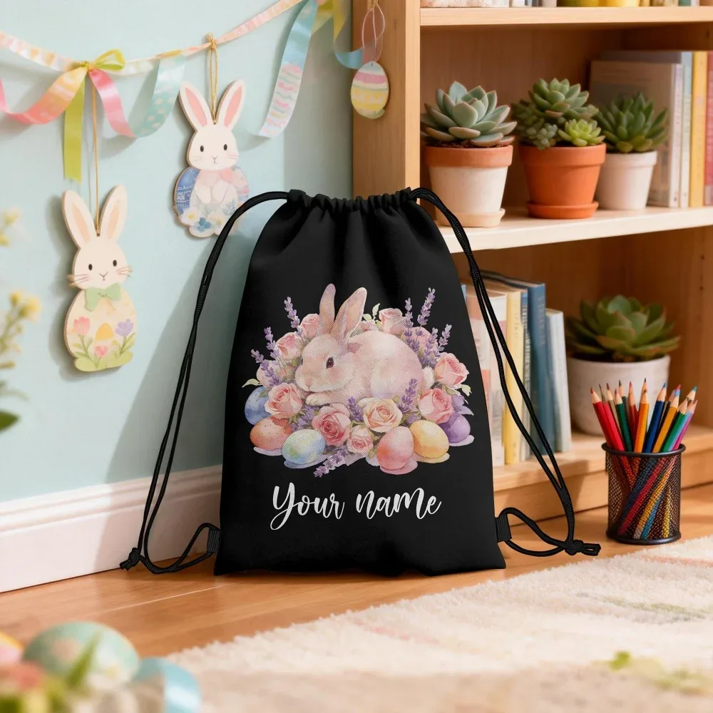 sac à dos à cordon personnalisé avec motif floral aquarelle et lapin de pâques, sac à œufs personnalisé, cadeau de pâques pour enfants
