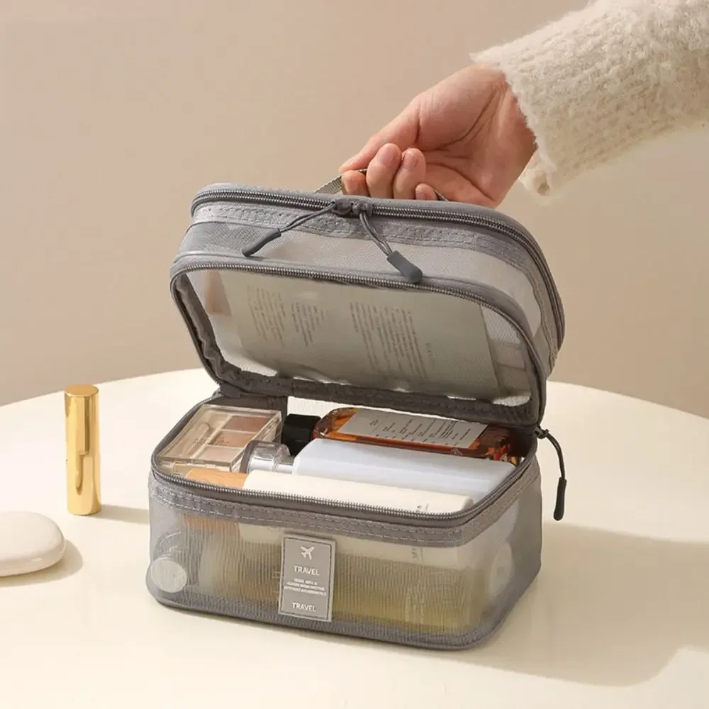 sacs à cosmétiques en maille à fermeture éclair, 1/2/3 couches, sac de rangement transparent à double couche, organisateur de produits de toilette multifonctionnel à main pour femmes