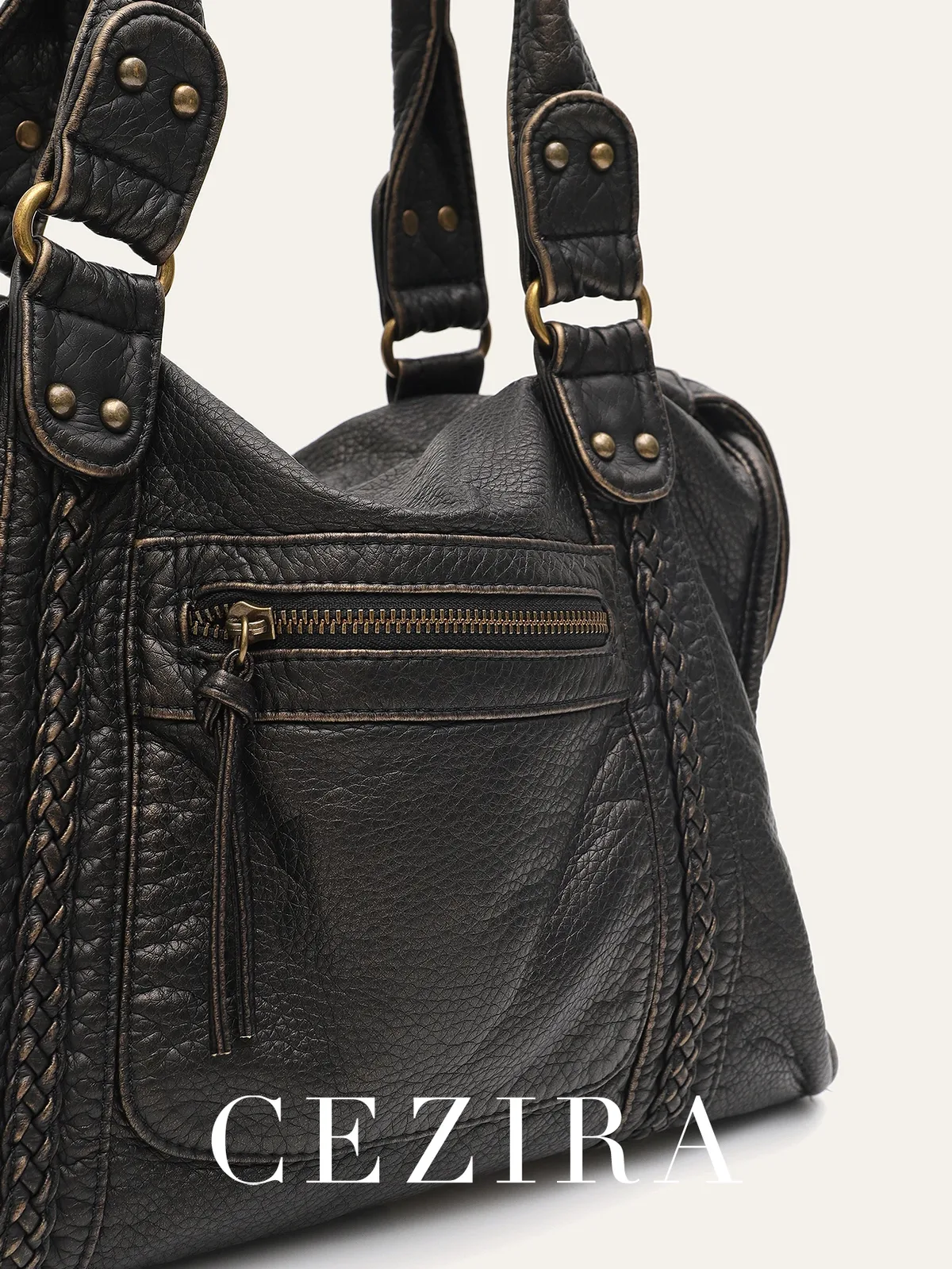vintage lavé en cuir pu grande capacité fourre-tout poches zippées tresse décor épaule sac à bandoulière unisexe femmes voyage quotidien sac à main