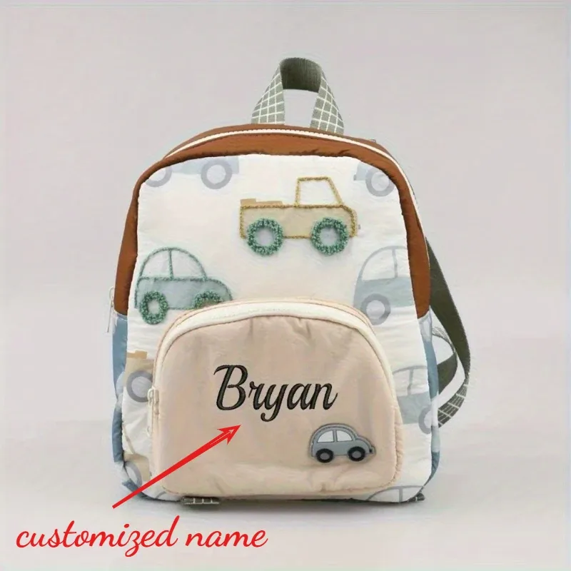 Sac à dos brodé de voiture personnalisé pour enfants, sac d'école doux et léger pour tout-petits, sac préscolaire réglable pour garçons et filles