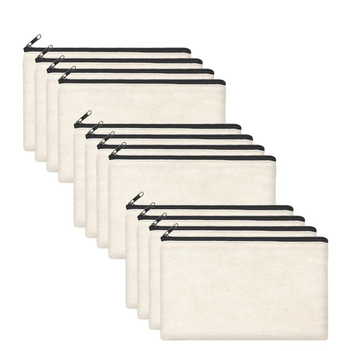 12 sacs de maquillage en toile beige vierges à personnaliser avec fermeture éclair - 8,3' x 5' - trousses cosmétiques en gros pour le voyage, le rangement et la papeterie
