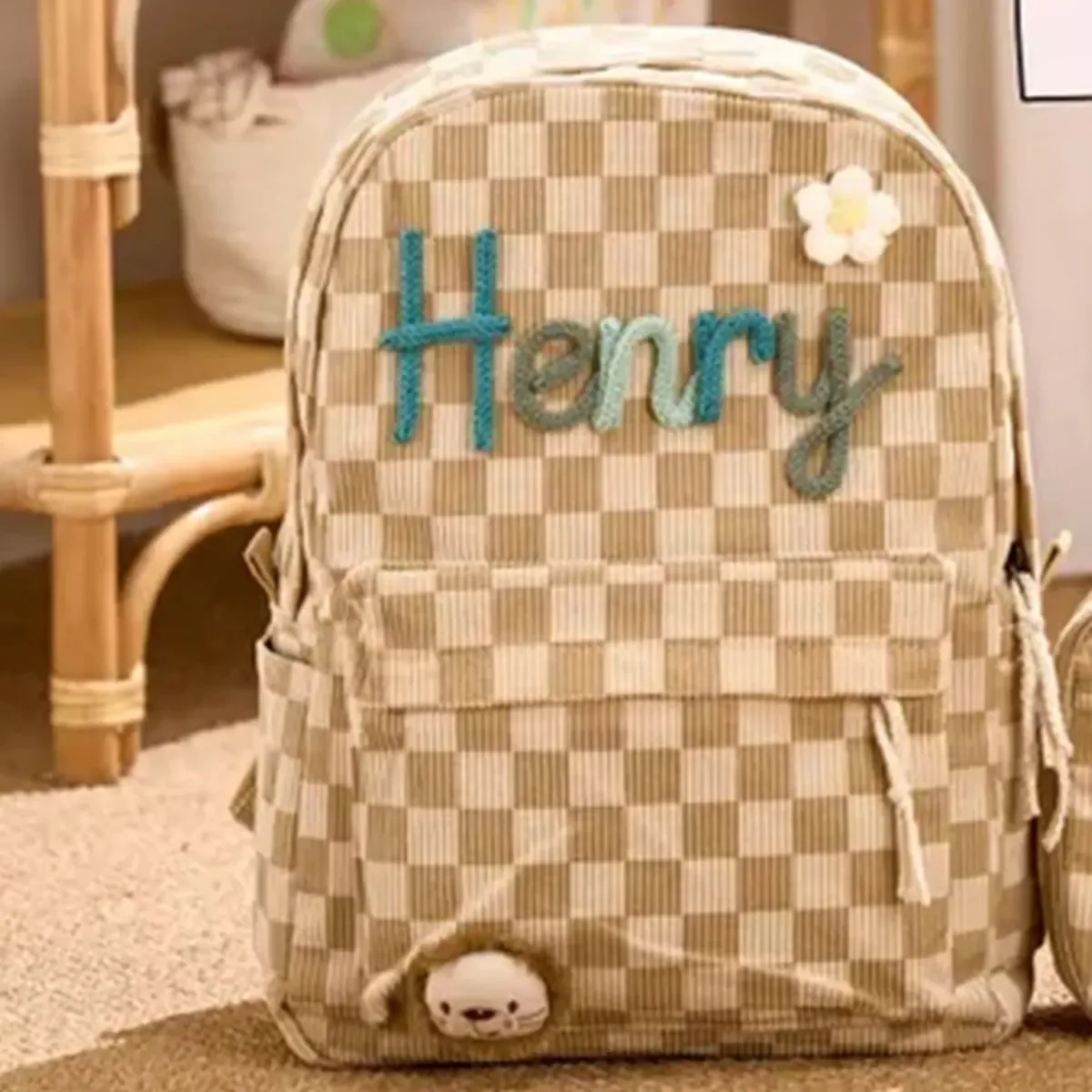 sac à dos personnalisé en velours côtelé, motif fraise/à carreaux, simple et spacieux, cadeau parfait pour la rentrée scolaire