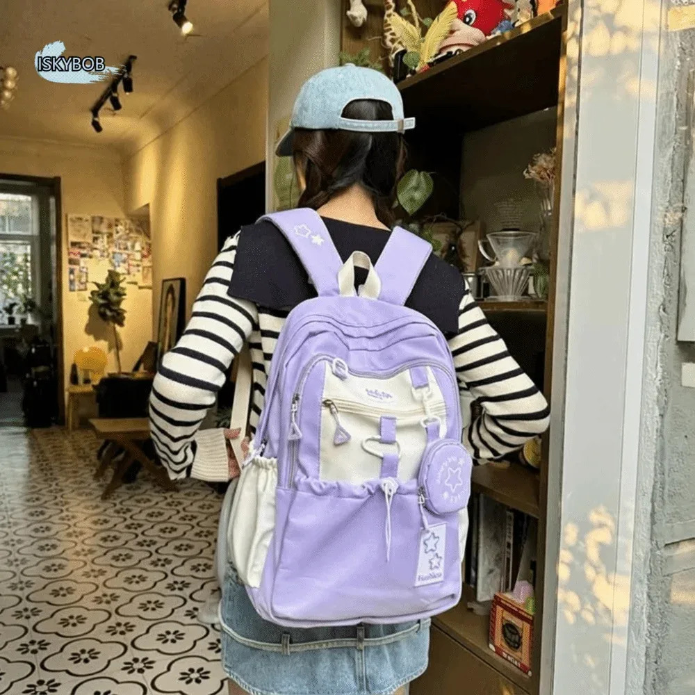 sac à dos décontracté pour femme motif étoile, avec porte-monnaie, en nylon, style coréen, grande capacité, pour étudiants et enfants