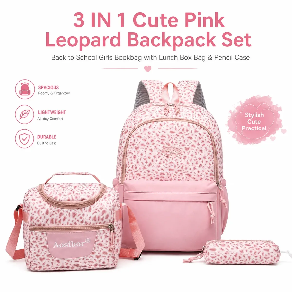 sac à dos, imprimé léopard, ensemble 3 en 1, léger, grande capacité, sac pour collège, trousse à crayons, sac à déjeuner
