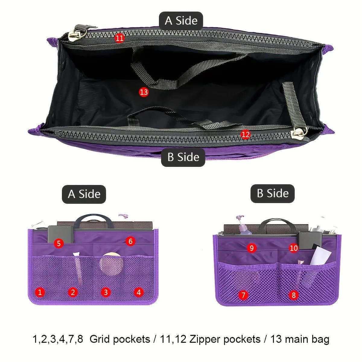 sac de rangement cosmétique pour femme, organiseur de voyage en nylon, sac à main pliable grande capacité, sac de rangement intérieur, pochette de maquillage