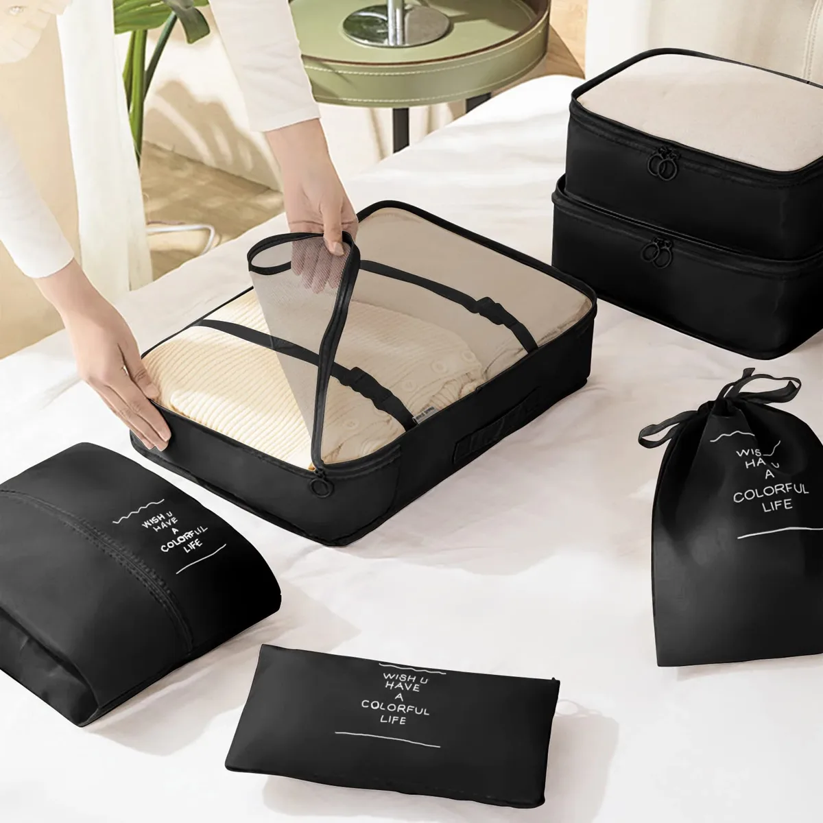 organisateur voyage sacs rangement polyester beige noir chaussures vêtements cube pliant accents double glissières transport usage