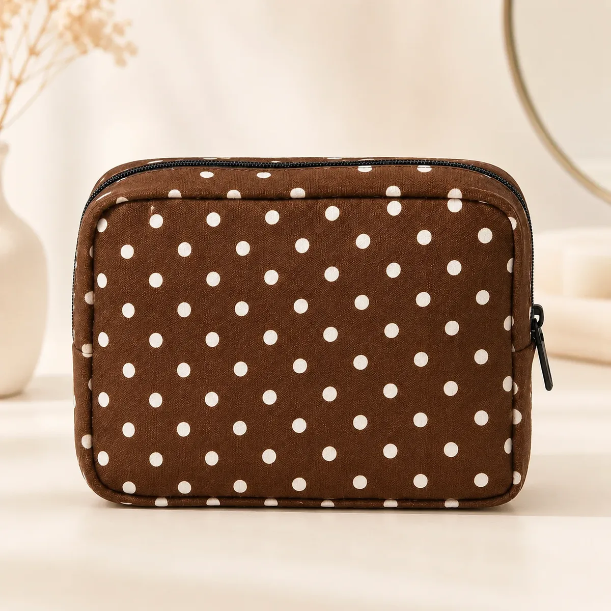 trousse de maquillage marron à pois, pochette portable grande capacité, organisateur de toilette pour femmes, essentiels de beauté quotidiens et de voyage