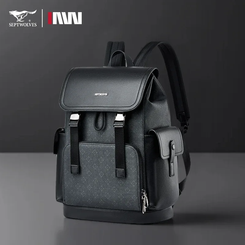 septwolves élégant homme imprimé sac à dos de voyage en cuir de haute qualité travail d'affaires déplacements à rabat impression monogramme sac à dos pour ordinateur portable