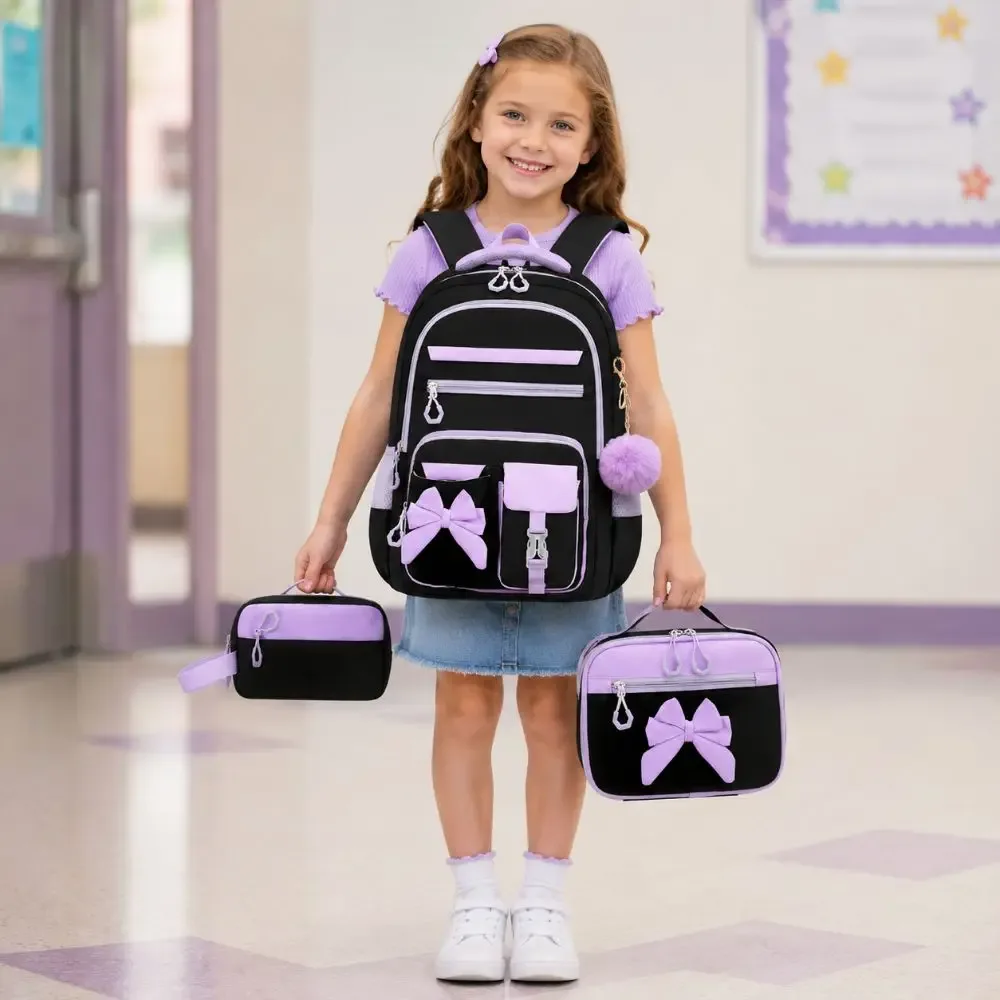 sac dos oxford cloth noir rubans velours boule pompon sac lunch trousse crayons école enfant voyage pratique multipoches grande capacité
