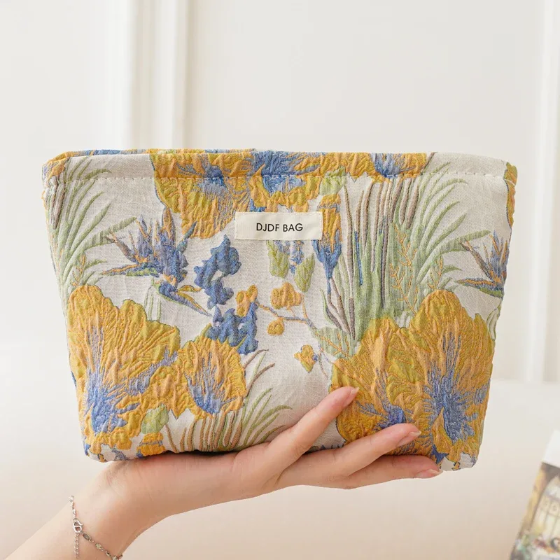 trousse de maquillage pour femmes, bouquet bleu, serviette hygiénique de grande capacité, retouche, fournitures de maquillage, sac de rangement en toile, trousse de toilette