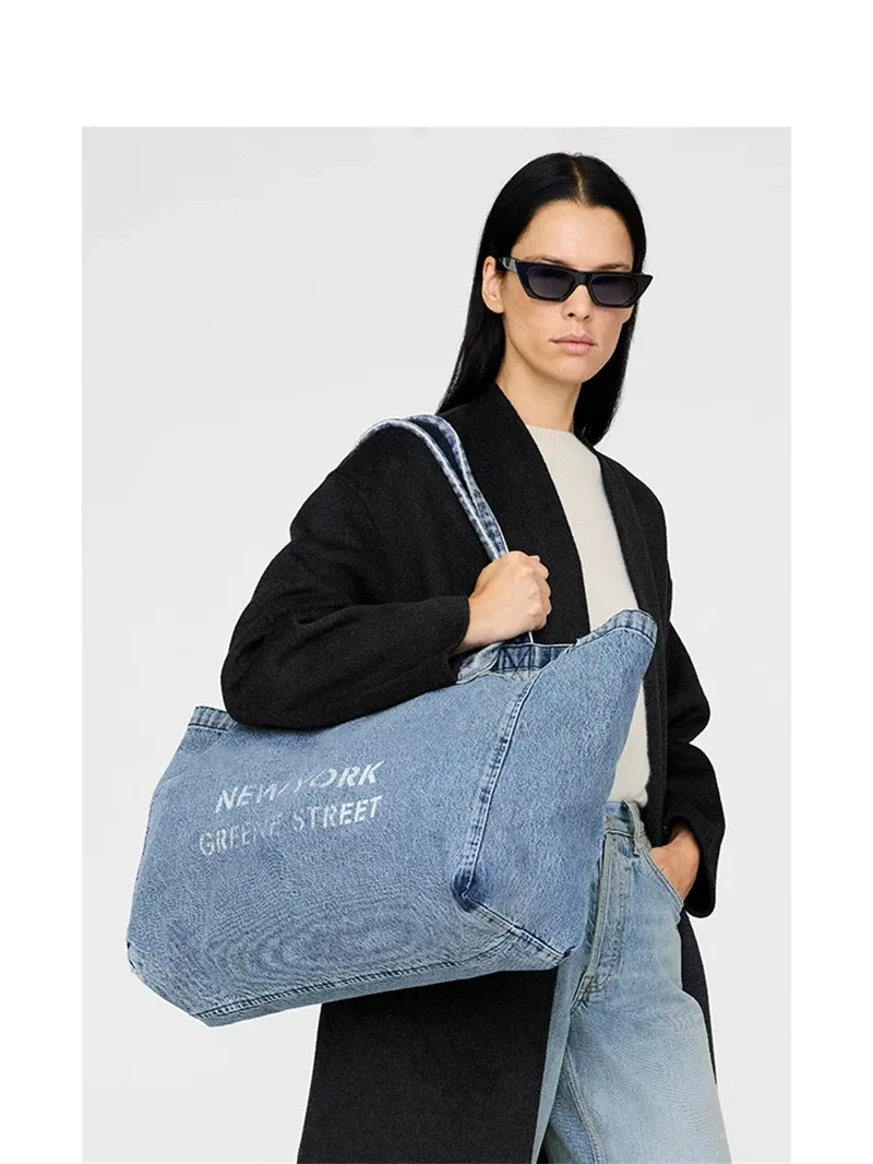 Sac fourre-tout en toile denim pour femme, grande capacité, sac de shopping, sac à main décontracté artistique avec lettres, style américain, doublure en polyester souple