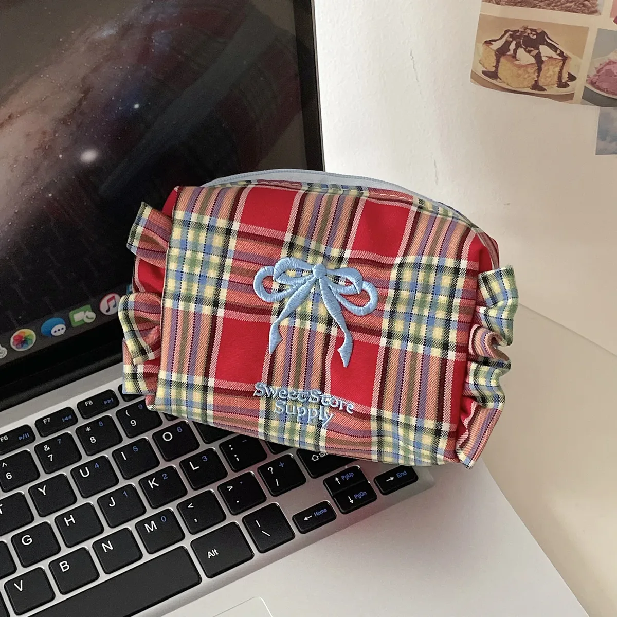 kawaii sac cosmétique plaid arc trousse de maquillage mignon petit sac fille style doux à volants maquillage trousse maquillage sac organisateur pochette