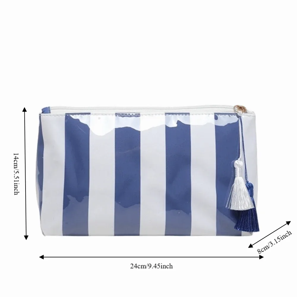 sac de toilette imperméable à rayures, grande capacité, doublure en polyester, sac de toilette en pvc, couleur contrastée, sac de rangement simple pour la plage