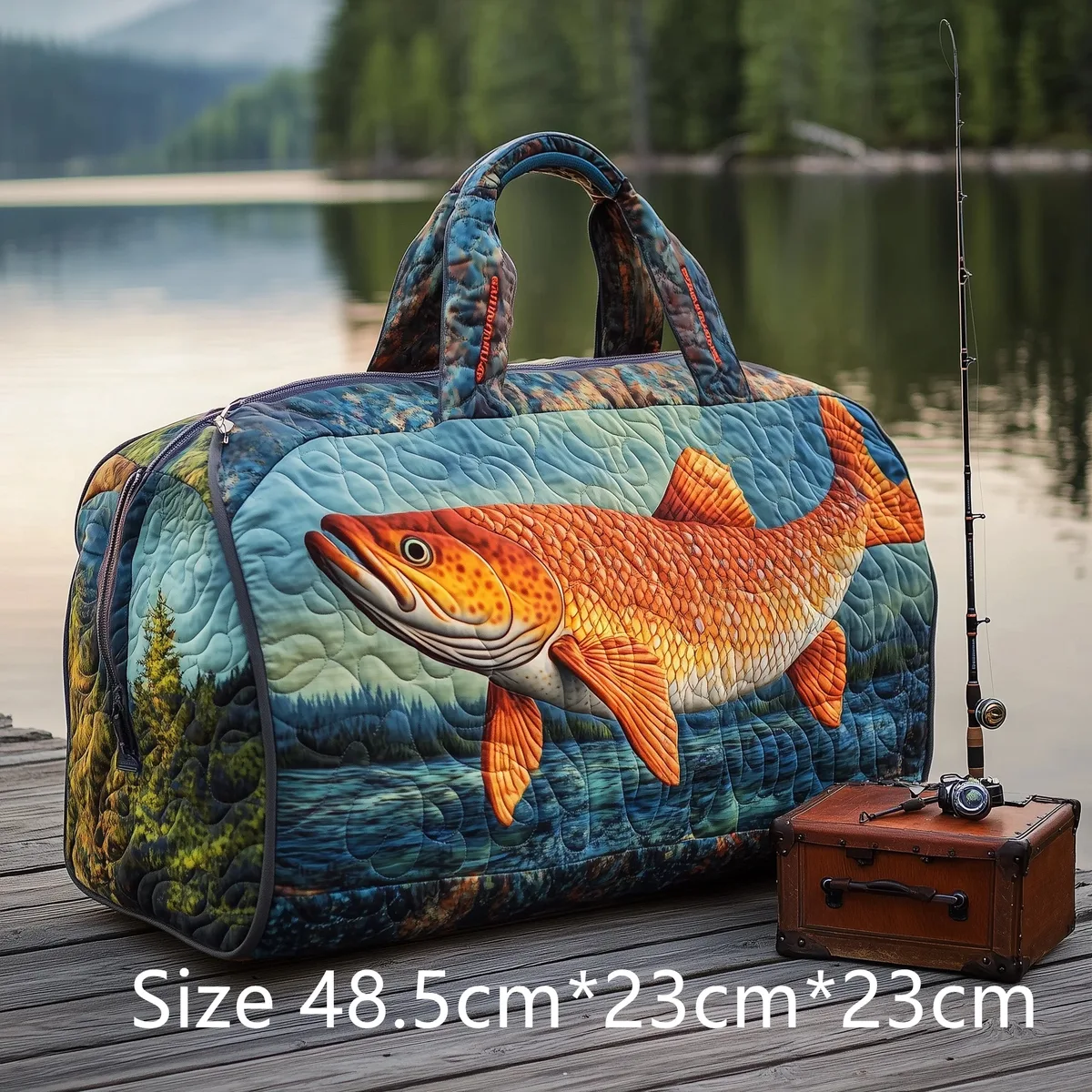 sac de pêche matelassé fait main tendance, sac de week-end imprimé 3d motif poisson basse, sac de voyage pour homme, cadeau pour pêcheur, aventures en plein air