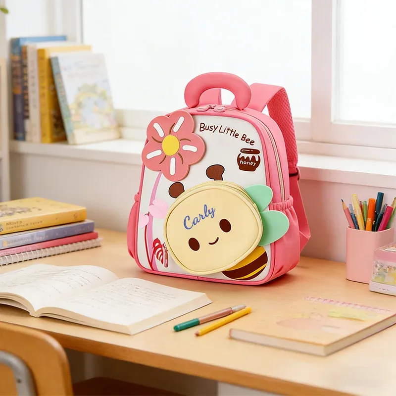 sac dos polyester rose motifs abeilles fleurs enfants double bandoulière grande capacité voyager école