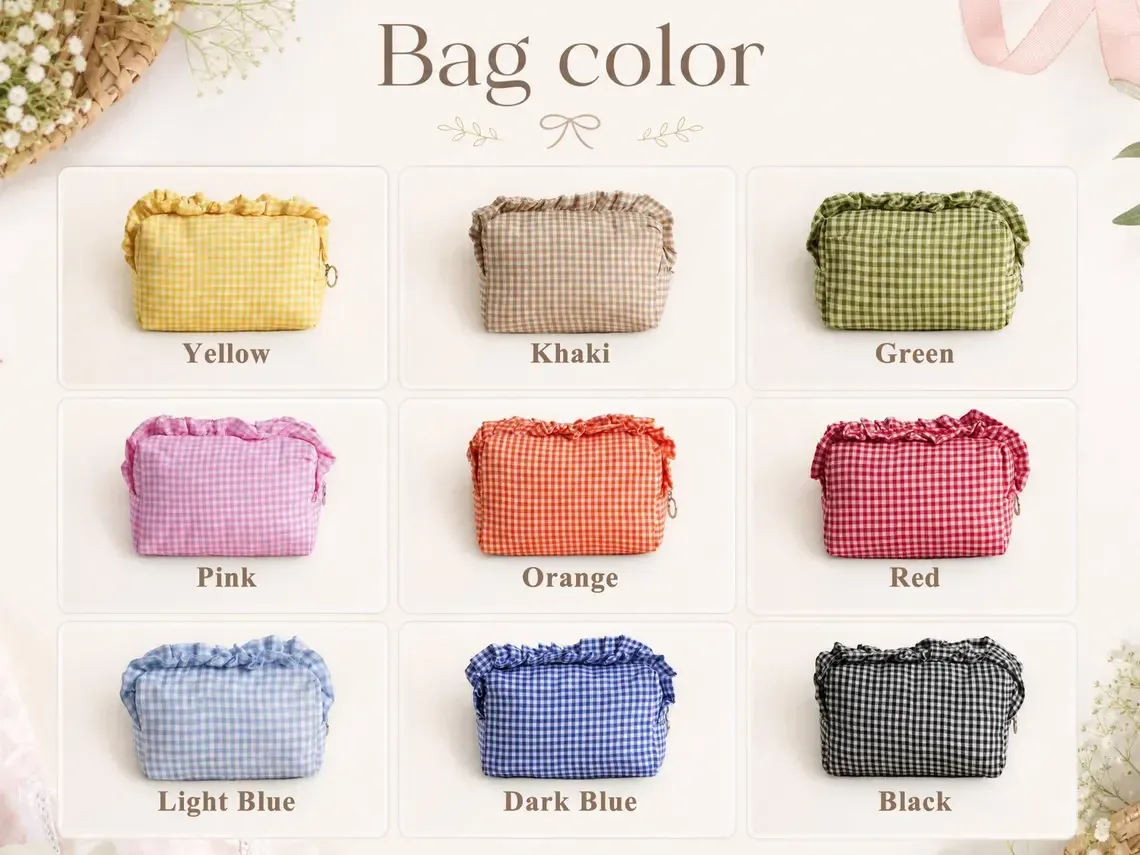 pochette de maquillage personnalisée à volants en gingham, trousse de toilette avec nom personnalisé, cadeau pour les demoiselles d'honneur