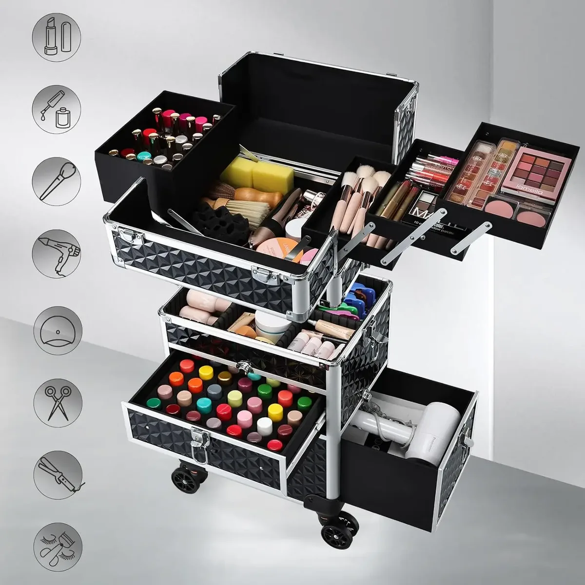 trousse de maquillage roulante avec tiroirs à roulettes, grand boîtier de chariot de cosmétologie professionnel verrouillable, étuis de rangement de cosmétiques de voyage