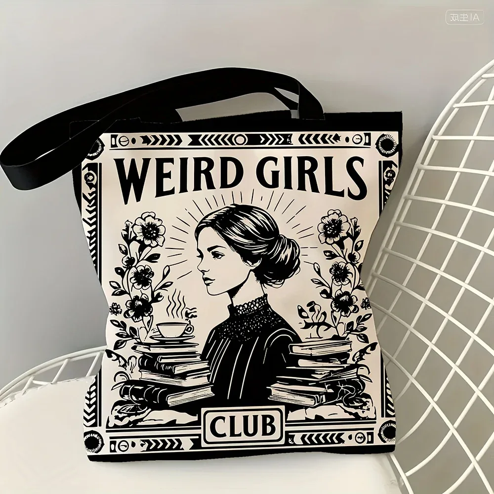 sac fourre-tout weird girls club, design floral noir et blanc élégant, sac à bandoulière pour usage quotidien décontracté, cadeau de noël idéal pour les meilleures amies.