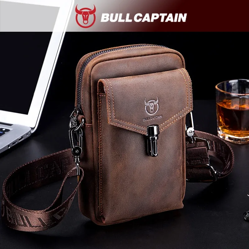 BULLCAPTAIN Sac de ceinture pour homme en cuir Crazy Horse, sacoche de téléphone à porter à la taille, sac à bandoulière en cuir de vachette pleine fleur