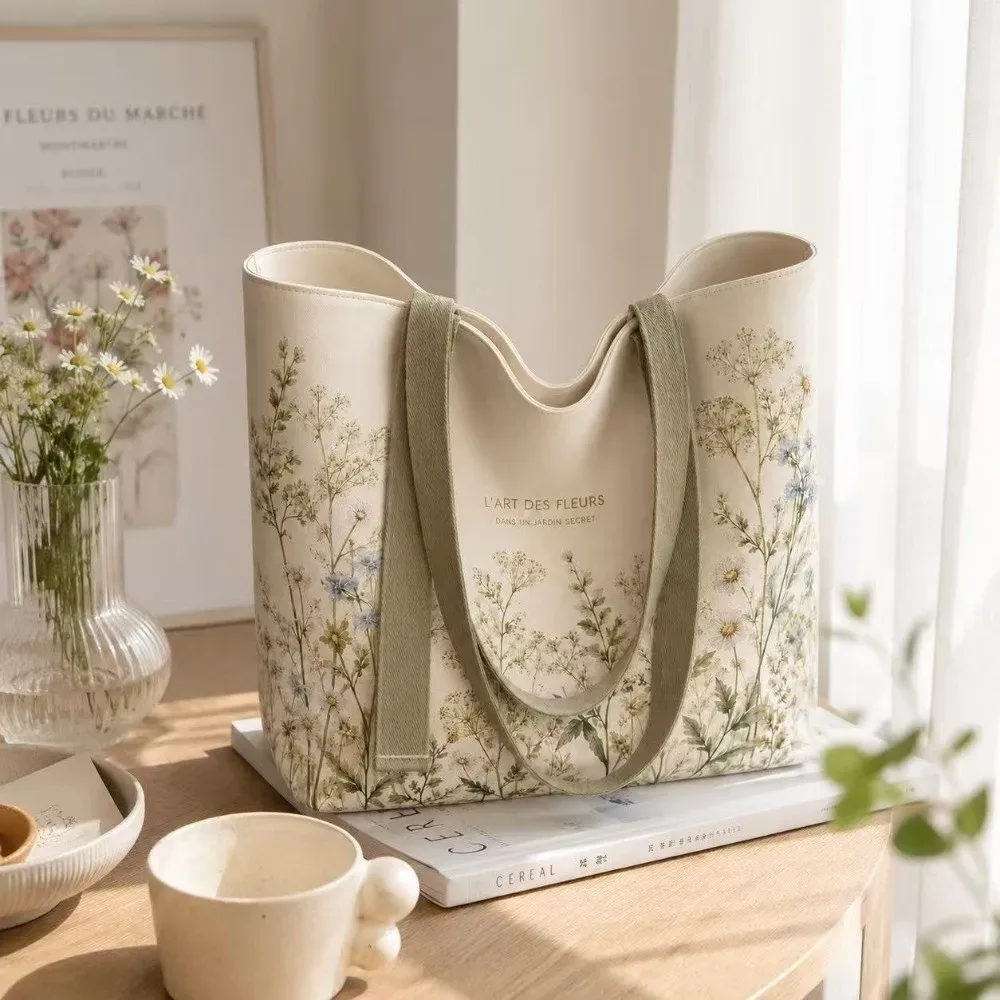 nouveau sac fourre-tout en toile de coton, durable et léger, imprimé marguerites vertes, idéal pour les voyages et le shopping.