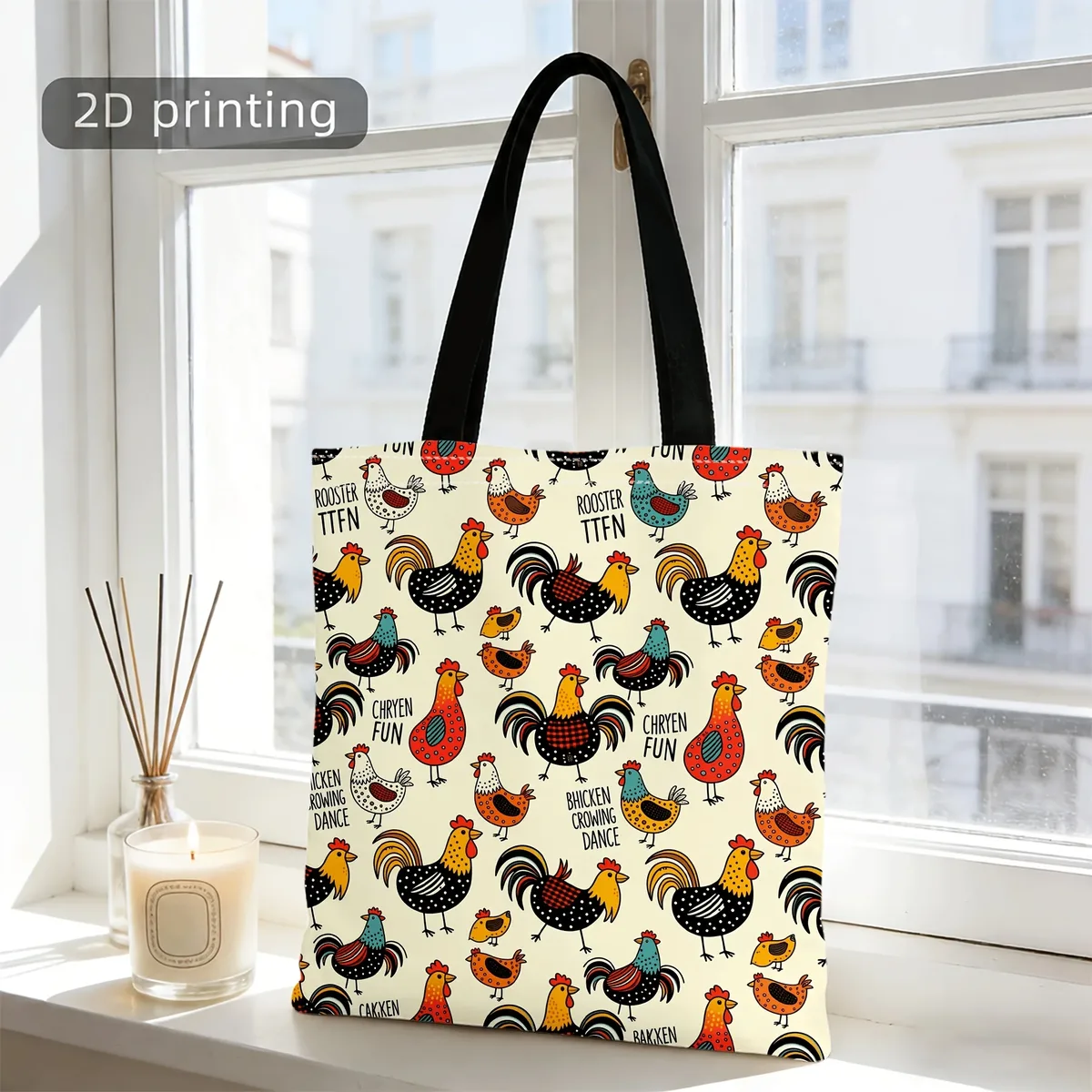 sac fourre-tout en toile esthétique avec motif d'animaux de la ferme, coq, poule et poussin colorés imprimés sur toute la surface, sac à main réutilisable pour femmes.