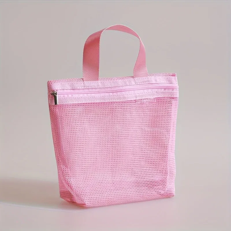 sac de rangement en maille portable pour sacs à main, design ajouré pour le bain, l'égouttage, les articles de toilette, les voyages, la natation, le maquillage.