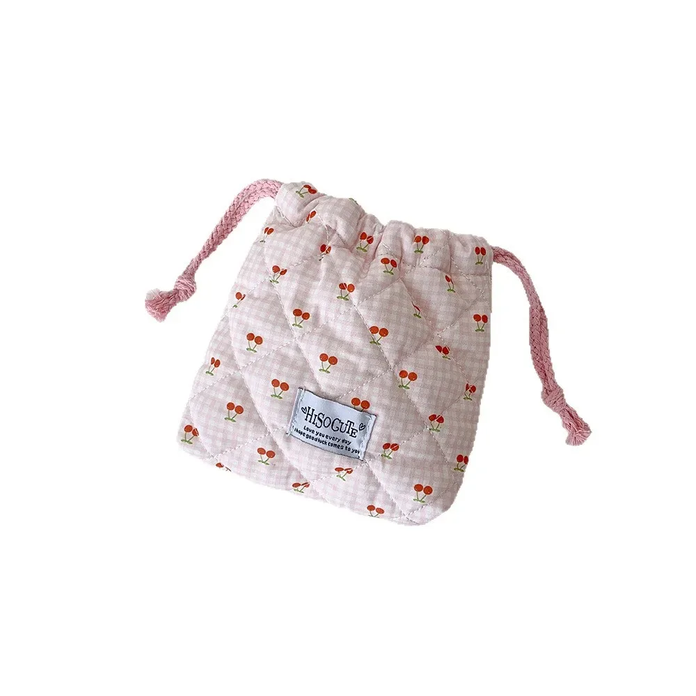 sac à cosmétiques pour femmes, sac de maquillage japonais à carreaux cerise, sac de maquillage kawaii avec cordon de serrage, sac de rangement compact et portable de voyage pour filles