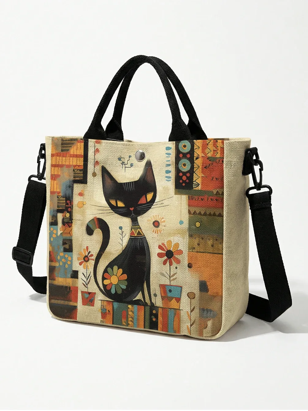 sac fourre-tout avec imprimé artistique de chat noir géométrique abstrait, sac à bandoulière avec sangle détachable pour femmes, pour les courses quotidiennes