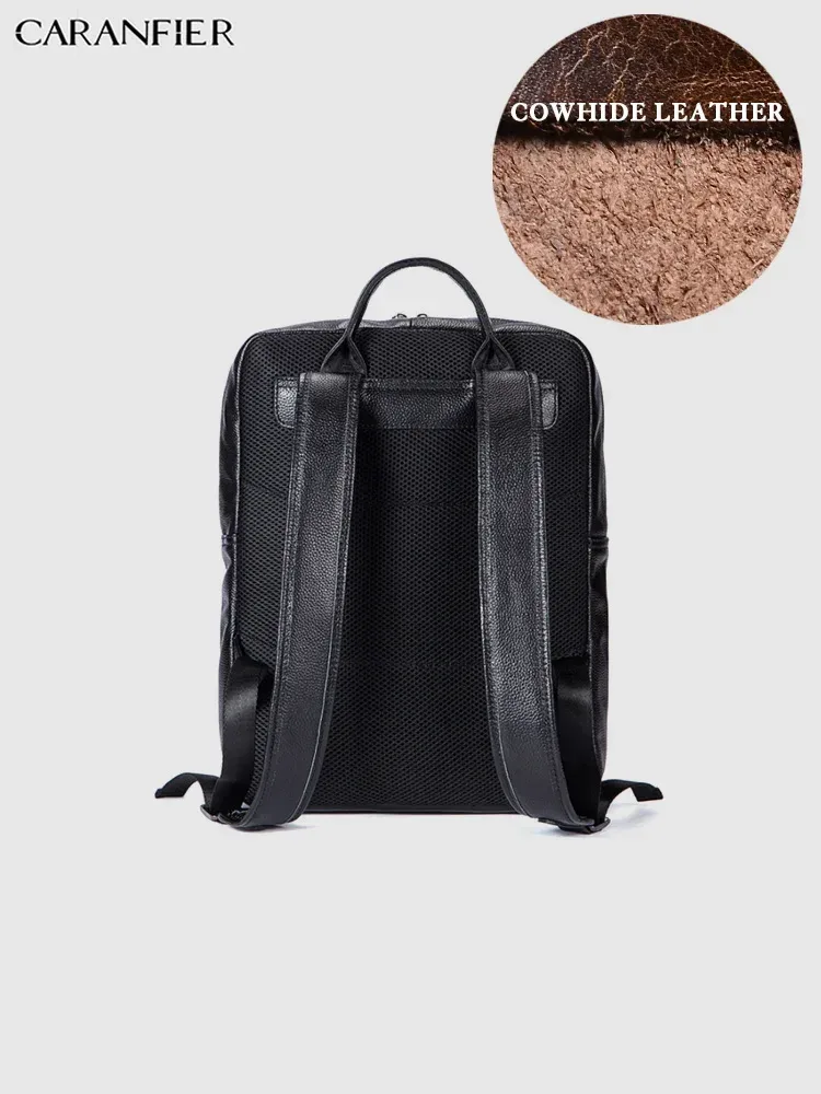 sac dos cuir vache noir forme rectangulaire bords arrondis poignées retractables bandoulière arquée fermeture éclair polyester intérieur informatique usage voyage business casual vintage classic