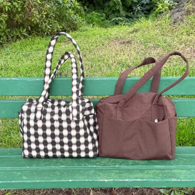 sac fourre-tout en nylon grande capacité, imprimé léopard à carreaux, design multi-poches, sac à bandoulière, sac de voyage pliable, sac à main