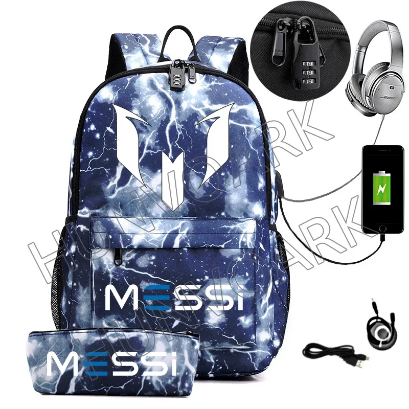 messi-sac à dos étanche avec chargeur usb, sac à dos de voyage décontracté, grande capacité, sacs d'école pour ordinateur portable, hommes et femmes