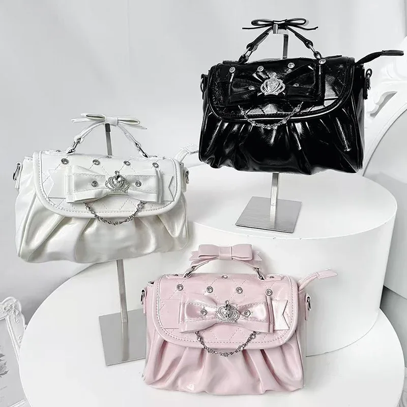 sac sous le bras élégant rose avec nœud et strass, sac à bandoulière plissé style sweet lolita, sac à main portable avec poignée nœud, jolie pochette ita