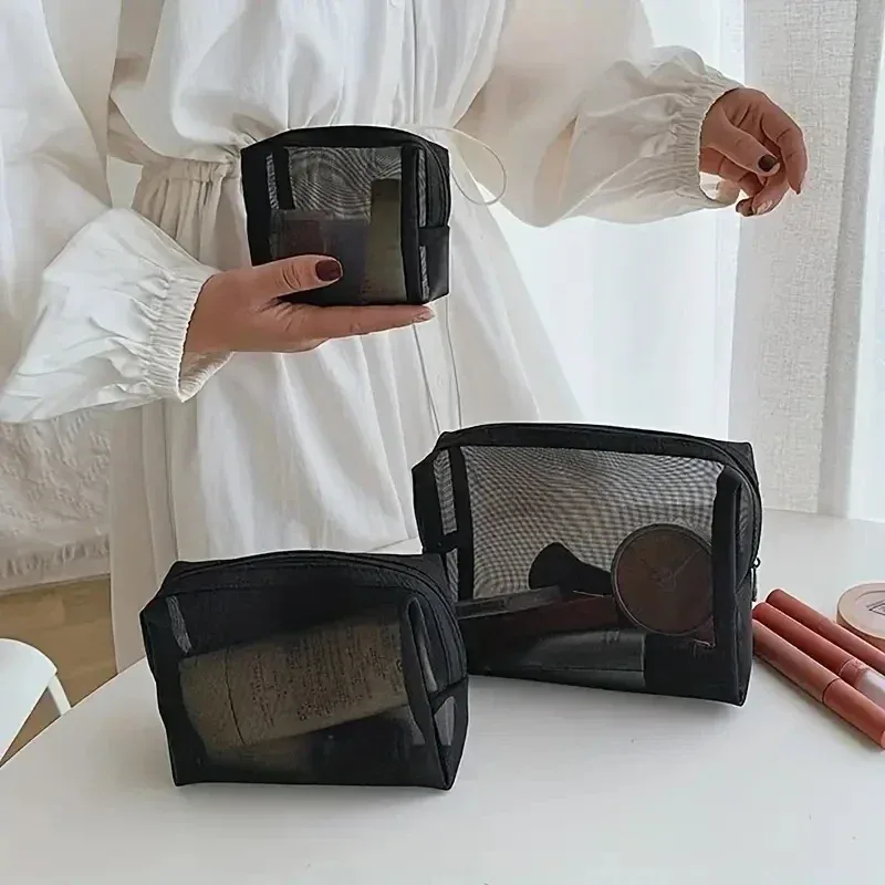 sac à cosmétiques en maille pour femmes, sac de rangement de voyage, organisateur de maquillage, pochette de maquillage portable, petite et grande trousse de toilette, étui de beauté