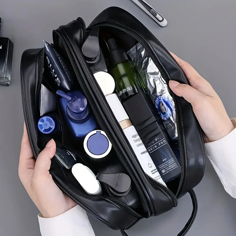 trousse toilette cuir synthétique noir gravure lettre poignée latérale voyage sport affaires sac cosmétiques imperméable