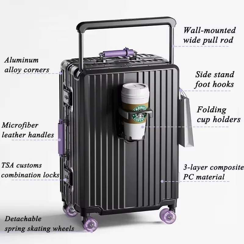 valise pc aluminium roues pivotantes silencieuses serrure tsa compartiments internes couleur noire ligne dorée grande capacité voyage